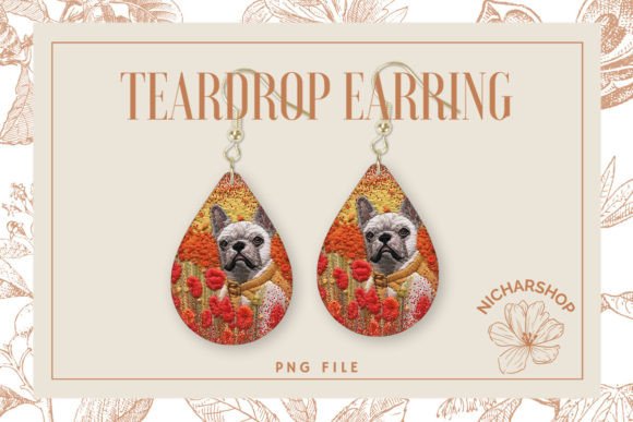 Dog Flower Embroidery Teardrop Earring3